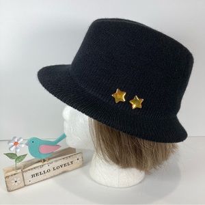 Transform KM Vintage Black Knit Fedora Puffed Gold Star Accents